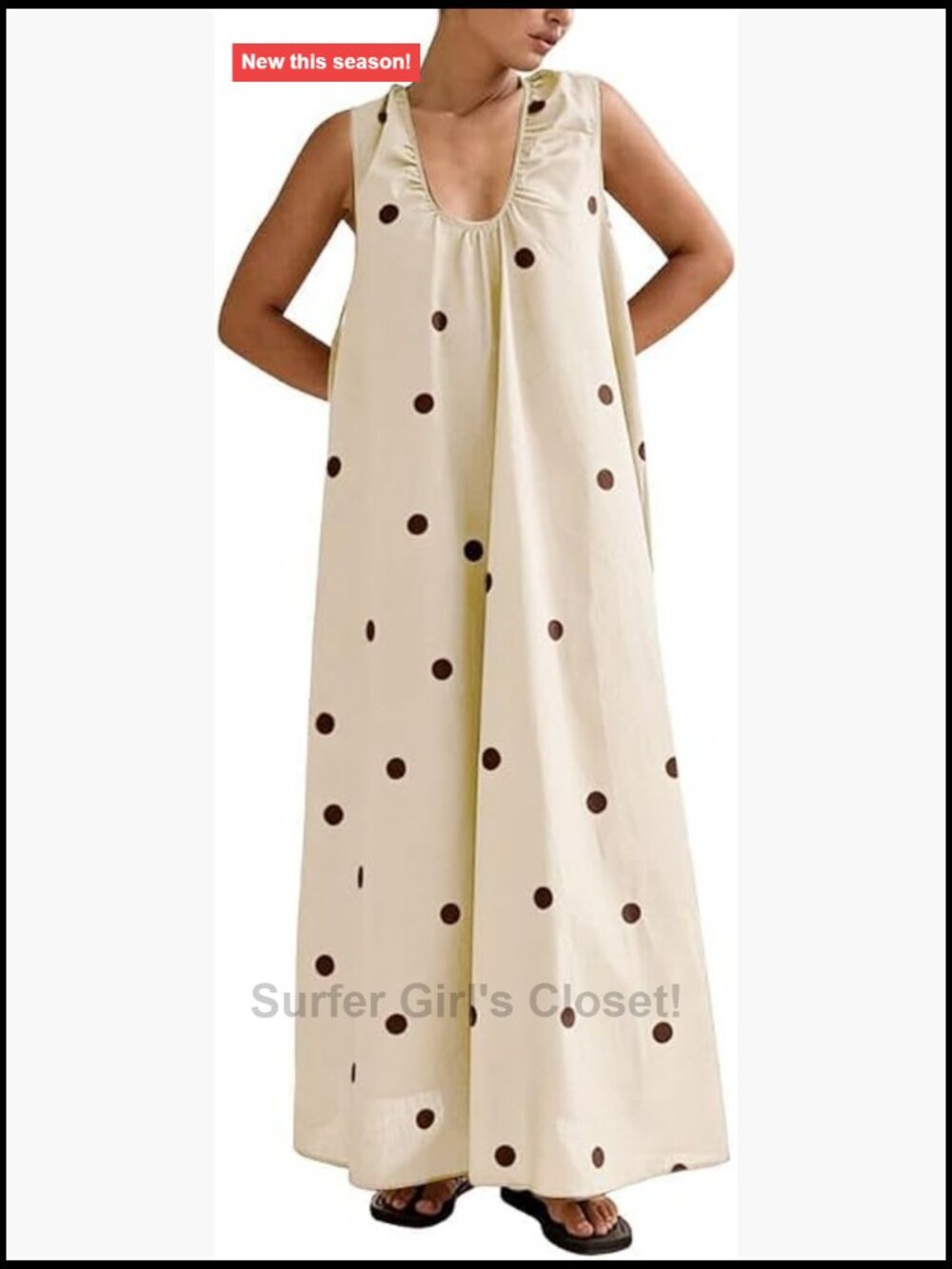 Women's Boho Polka Dot Maxi Dress Pleated Swing Sleeveless U Neck Beach